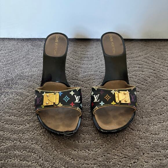 Louis Vuitton Y2K Murakami Black Multicolor LV Buckle Mule Sandals Heels EU 36.5 - Picture 2 of 14